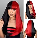 ENTRANCED STYLES Long Black and Red Wig with Bangs Half Red Straight Wigs for Women Synthetic Heat Resistant Wig for Halloween Cosplay Party Daily Wig Use 22Inch
