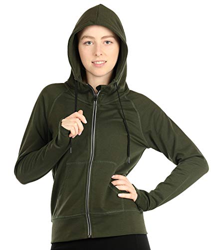 Melpoint Zip up Hoodie for Women - Workout Sports Running Jacket with Thumb Holes (Army Green, M)