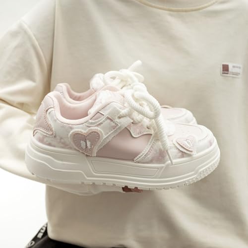Cute Heart White Sneakers for Women Platforms Puppy Lightning Heart Decor Lace-up Macaron Colors 1.8" Rubber Thick Sole Height Increase Cute Walking Shoes2