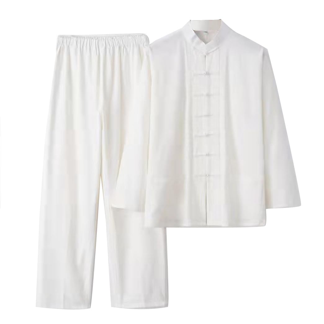 ZHOUXIAO Puro Cotone Tai Chi Uniforme Uomo Kung Fu Abbigliamento Manica Lunga Abiti Tradizionali Cinesi, Abbigliamento da Sizetang Ampi Giacche di Pantaloni Hanfu Giacche Mar White-XL