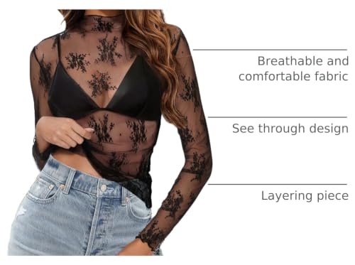 Buauty Mesh Long Sleeve Top for Women, Lace Sheer Tops See Through Mock Neck Floral Embroidery Sheer Blouce Fishnet Shirt Black - image 4