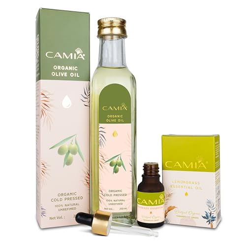 Image of CAMIA - Organic Cold Pressed Olive Oil, 250 ml + Lemongrass Essential Oil, 15 ml | Oil Balance Scalp Care & Hydration Blend Solution Kit | Natural Ingredient | Organic Hair Care Treatment Combo Pack