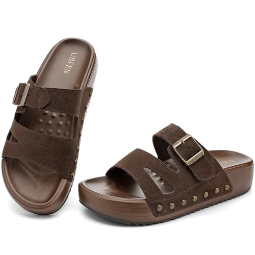 Image of UBFEN Womens Platform Slide Sandals | Real Leather,Buckle Sandals with Cushioned Flatform Footbed,Comfortable for Walking,Arch Support,Casual Styling