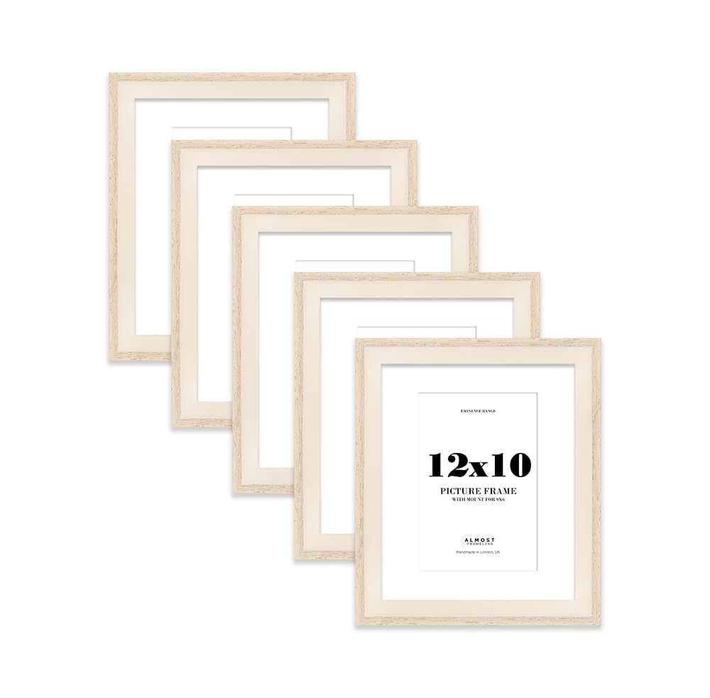 12x10" Oak Picture Frame with 9x6" Mount - Shabby Chic Photo Frame with Distressed Finish, Wall Hooks and Kickstand, 32mm Edge - 5 Pack