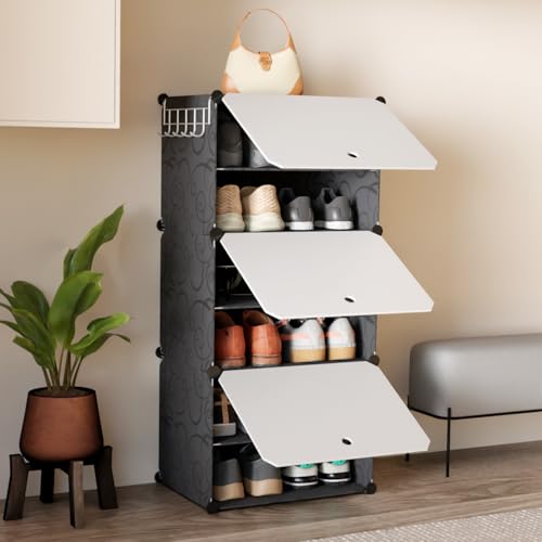 Image of Lifelong 3-Tier Modular Plastic Shoe Rack with Flip Drawers | Space-Saving Shoe Storage Organizer for Entryway, Hallway, Bedroom | Dust-Free Shoe Cabinet with Side Hooks| DIY Assembly, Black