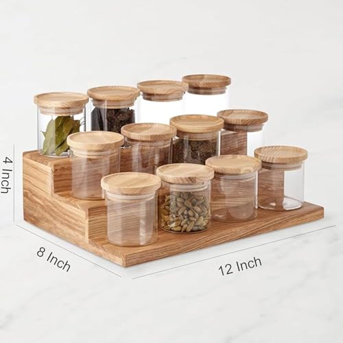 Image of Three-tiered wooden spice rack organizer for spice bottles, jars, and natural display shelves for a pantry cabinet or countertop