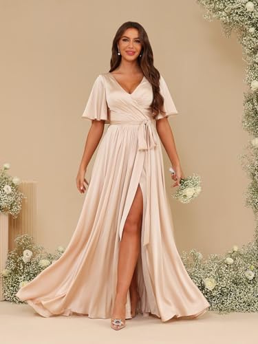 YOFF Women's Short Sleeves A-line Bridesmaid Dresses 2025 with Slit Long Ruched Satin Prom Dresses YO1833