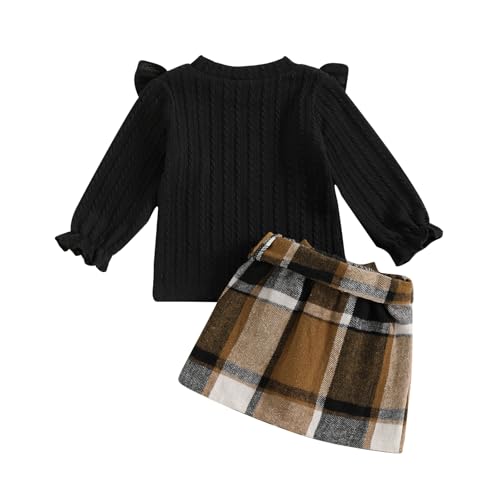 Toddler Girls Fall Outfits 2Pcs Winter Clothes Set Spring Casual Long Sleeve Ruffle Tops and Plaid Skirts Sets3