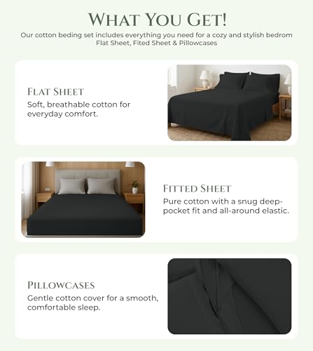 Image of ROYALE LINENS 100% Organic Cotton King Sheet Set - 16 inch Deep Pocket Bed Sheets - Eco Friendly Black Bed Sheets - Sabanas King - 1 Flat, 1 Fitted & 2 Pillowcases - Black Sheet Set - Cotton Bedding Sets
