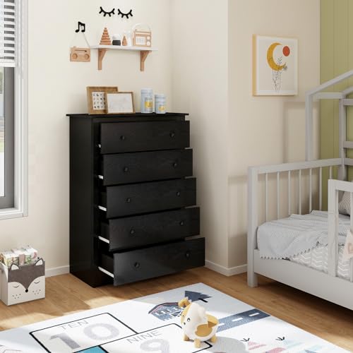 COSTWAY Wooden Chest of Drawers, 5-Drawer Dresser Storage Cabinet, Modern Tall Freestanding Chest Cupboard Drawers Organiser Unit for Bedroom, Living Room, Closet and Hallway, 80x40x115cm (Black) - Image 8