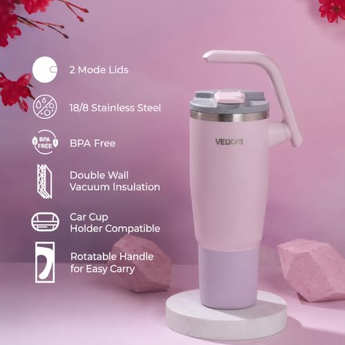 Image of Stainless Steel Double Layer Insulated Travel Tumbler with Two Lid, Straw, and Carry Handle, BPA Free, 40 oz. (Baby Pink)