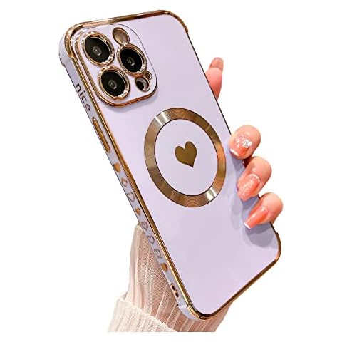 SPOBIT Magnetic for iPhone 14 Pro Max Case [Compatible with Magsafe][Glass Screen Protector] Love Heart Soft Slim Phone Case，Raised Camera and Corner Airbag Protection Case for Women - Purple Cover