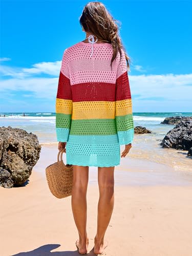 Image of ANRABESS Women Swimsuit Crochet Swim Cover Up 2026 Summer Bathing Suit Swimwear Mesh Knit Beach Dress Vacation Outfits