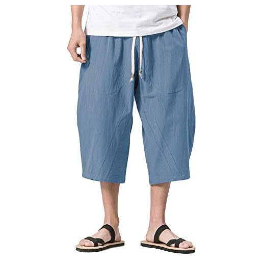KEFITEVD Herr 3/4 byxor bomull säckig lös fritidsbyxa med 2 fickor stretch midjeband capribyxor bekväma andningsbara korta sommarbyxor, blå, 38 SE