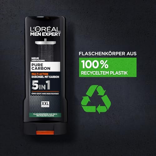 L'Oréal Men Expert XXL 5in1 Duschgel und Shampoo für Männer, Duschbad zur Reinigung von Körper, Haar und Gesicht, Herren Körperpflege für langanhaltende Frische mit Karbon, Pure Carbon, 1 x 400 ml