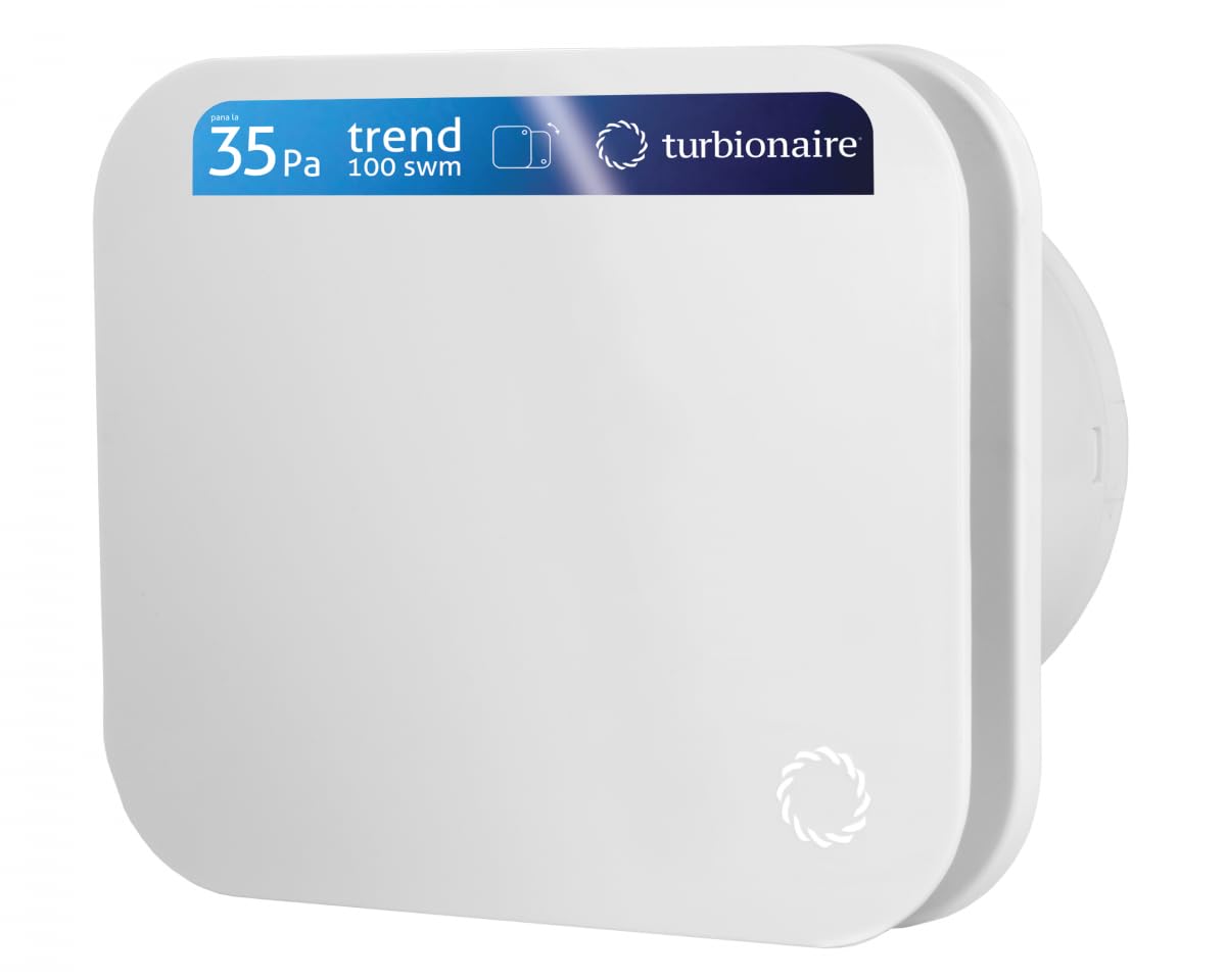 Turbionaire TREND 100 SWM Extractor, Extracción, Ventilación para Baño, Cocina, Pared/Techo, Panel Frontal Blanco Opaco, Diámetro 100mm, 35Pa, Valvula Antirretorno, Silencioso 33dB, IPX4