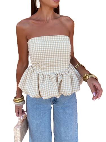 Women Y2k Peplum Tube top Strapless Bubble Bandeau Top Ruffle Hem Flowy Aesthetic Summer Going Out Streetwear