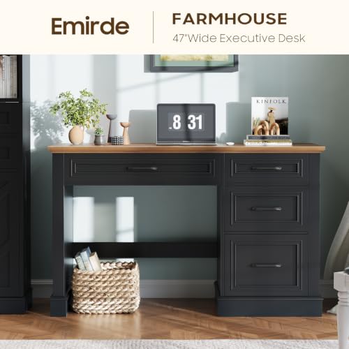 Image of Farmhouse 47 inch Executive Desk with File Drawer, Computer Desk with 4 Drawers, Workstation for Writing, Study, Home Office,Black Brown