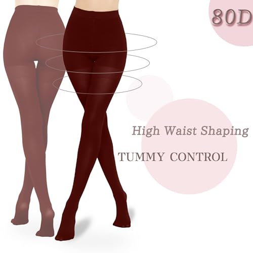 Image of HA WA Tights for Women, 2 Pairs Opaque Tights Control Top Pantyhose | Soft Solid Stretchy Comfy Silky Slimming Matte High Waist Non-slip Thick Warm Winter Autumn Reinforced Toe