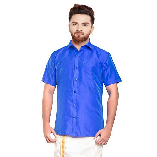 Image of SJS-Men's Half Sleeve Solid Art Silk Shirt