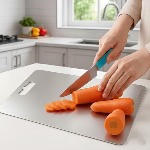 Image of SUPERMOM Kitchen Tool 2 Pc - Combo of Medium Stainless Steel Chopping Board with Stainless Steel Kitchen Utility Knife - Rustproof, Hygienic Cutting Surface for Fruits, Veggies, Meat & Daily Food Prep
