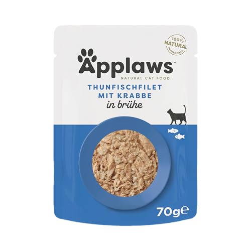 Applaws 100% natürliches Nassfutter für Katzen, Thunfischfilet mit Krabben in Brühe - Packung mit 12 x 70g Beuteln