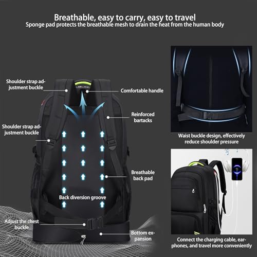 Nayubo 65L Hiking Backpack for Men Waterproof Expandable Travel Backpack Carry On Backpack Casual Daypack Large Rucksack for Camping Outdoor Sports Trekking (Black) - Image 6