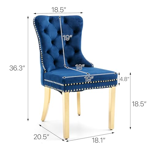 KCC Velvet Dining Chairs Set of 6, Upholstered High-end Tufted Dining Chair with Nailhead Back Ring Pull Trim Stainless Steel Legs, Contemporary Nikki Collection Modern Style for Kitchen, Blue