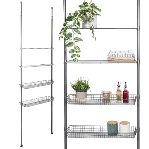bremermann Estantería telescópica con 2 cestas, 2 estantes, Barra telescópica de hasta 290 cm (Gris)