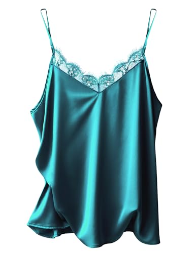 Image of Ekouaer Women's Satin Camisole Lace Silk Satin Pajama Tank Tops V Neck Soft Spaghetti Strap Loose Sleepwear Blue Green L