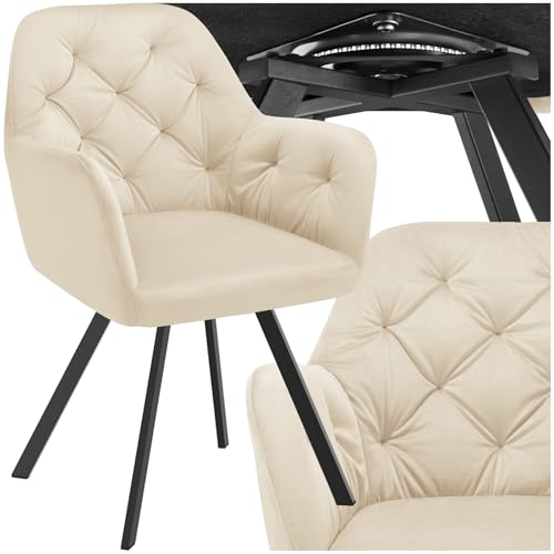 tectake® Silla Giratoria de Terciopelo, Diseño Acolchado, Sillas de Comedor con Patas de Acero, Amplio Asiento, Respaldo Continuo, Giro 180°, Sillas Cocina, Sillas Comedor   1 Silla Crema