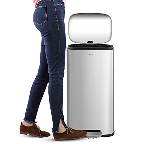 Image of happimess Curtis 8 Gal Step Trash Can Soft Close 25 inch, Platinum Silver | Stainless Steel, Fingerprint Resistant Satin Finish, Removable Liner, Steel Pedal, 20 Trash Bags Included, Kitchen Bin