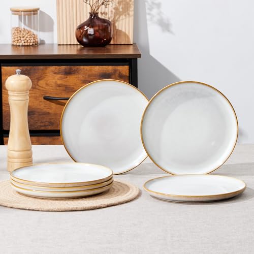Image of E-far 8 inch Ceramic Salad Plates Set of 6, Reactive Glaze Stoneware Dishes, Round Dessert Plate for Home Kitchen Restaurant, Microwave & Dishwasher Safe - Seashell White