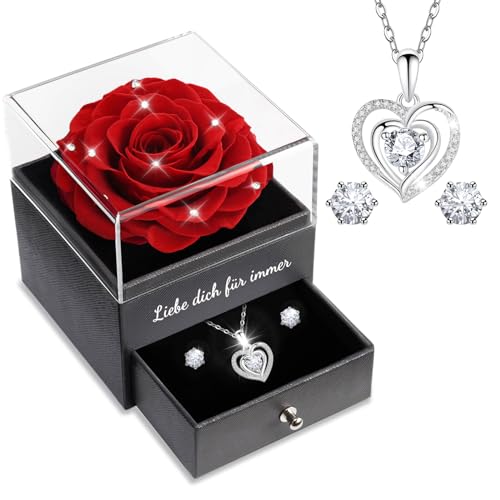 Sunia Echte Rose mit Herz Halskette und Ohrringen aus 925 Sterlingsilber, ewige Geschenke für Frauen, Freundin, Mama und Oma, Infinity Rose zum Geburtstag, Weihnachten und Valentinstag