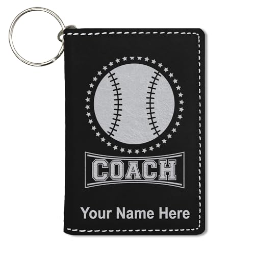 ID Holder Wallet, Baseball Coach, Personalized Engraving Included (Black with Silver)