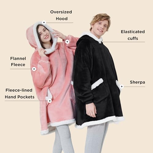 Bedsure Blanket Hoodie, Wearable Blanket for Adults & Kids as Gifts for Women Men, Birthday Gifts for Women Mom Girl Sherpa Oversized Hoodie, Black, Kids