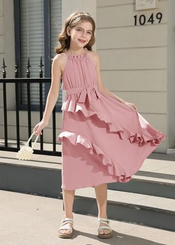 HOZIY Girls Dresses Size 10-12 Teen Casual Summer Sundress Tween School Graduation School Formal Party Wedding Guest Junior Dress Dusty Pink — view 4