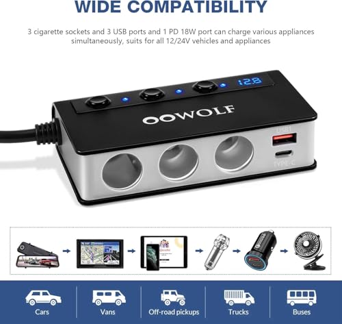 Image of OOWOLF [Upgraded Version] Cigarette Lighter Splitter 2 QUICK CHARGE 3.0, Type-C 12V /24V Cigarette Lighter Adapter, 3-Socket 180W Car Charger Splitter, LED Voltmeter Display Separate Switch