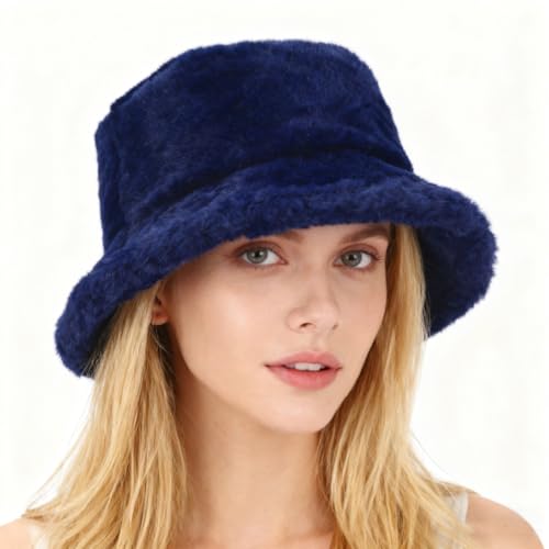 Image of Bucket Hat Women Furry Fuzzy Bucket Hats for Ladies, Winter Warm Fluffy Plush Faux Fur Hat for Women