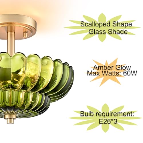 Image of Modern Green Glass Scalloped 3-Light Flush Mount Ceiling Light Gold Base | Vintage Ceiling Lights, Close to Ceiling Light, Semi Flush Mount Ceiling Light for Hallway Bedroom Entryway Kitchen