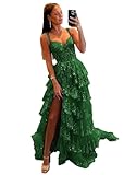 vintys Women’s Spaghetti Strap Lace Corset Tulle Prom Dresses Sparkly Tiered Backless A Line Cocktail Party Dress with Slit Train Long Emerald Green Size 16