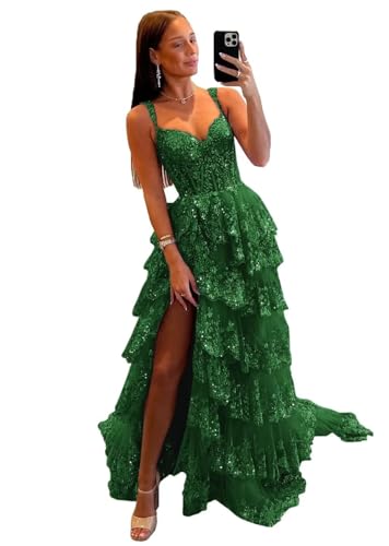 vintys Women’s Spaghetti Strap Lace Corset Tulle Prom Dresses Sparkly Tiered Backless A Line Cocktail Party Dress with Slit Train Long Emerald Green Size 16