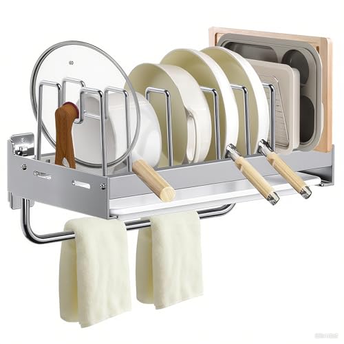 IELECMG Hanging Pot Rack, Wall Mounted Pots and Pans Organizer with 7 Adjustable Dividers, Steel Cutting Board Holder & Water Tray & Hanging Rack, Kitchen Cookie Baking Sheet Pan Pot Lid Organizers