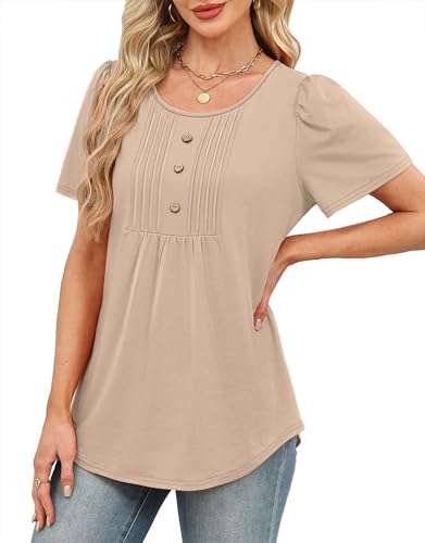 Image of Womens Tops Dressy Casual Blouses Short Sleeve Shirts Plus Size Fashion Clothing Spring Summer Outfits Button Pleated Front