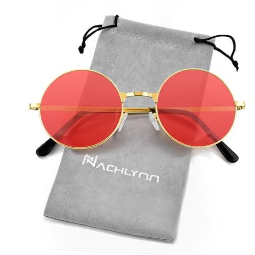 NACHLYNN Gafas de sol redondas hippie con borde de metal, gafas hippie con protección UV380, lentes de sol de los años 70 para hombres y mujeres, recuerdos de fiesta, Rojo