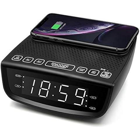 DPNAO Alarm Clock FM Radio with Wireless Charging USB Charging Port Bluetooth Function Dual Alarm 3-Level Dimmer Snooze for Home Bedroom Bedside Cover