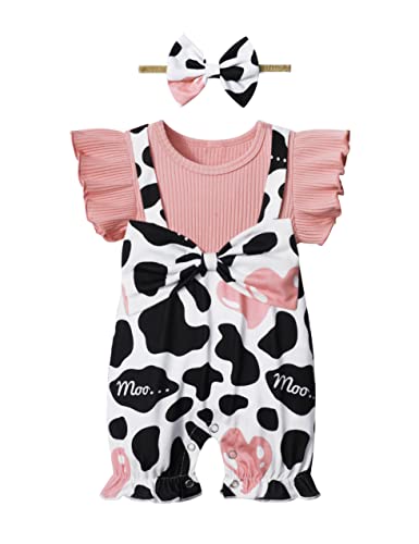Image of CRISONE Baby Girl Clothes 0-3 Months Short Sleeve Outfits for Baby Girl Cows Printed Baby Clothes for Girls Outfits Set Cute Baby Clothes For Girls