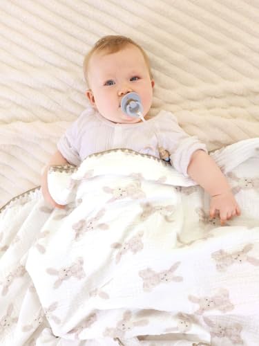 Image of Double Layered 100% Cotton Muslin Baby Blanket Ultra-Soft 40x40 Inch Swaddling Nursery Crib Blanket(Bunny)