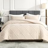 Amélie Home Queen Comforter Set, 3 Piece Beige Bedding Set, Soft Cozy Jacquard with Elegant Windowpane Design, All-Season Comforter for Bedroom & Guest Room
