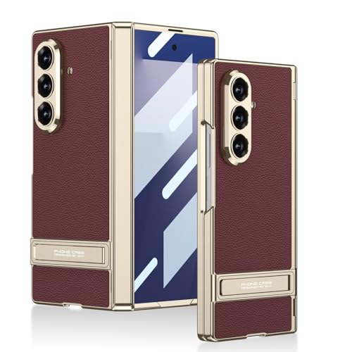 Image of Midkart Magnetic Case Compatible with Samsung Galaxy Z Fold 7 Release 2025 Hinge Protection Leather Cover with Stand Electroplated Camera Protection, Burgundy & Gold